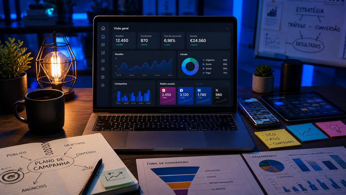 Laptop com destaque para marketing digital